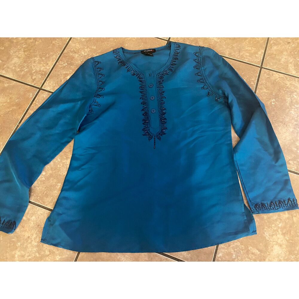 Studio G sz 8 Embellished Silk Blouse Tunic Raw Silk